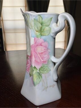 Hand-Panted Soft Pink,Cream & Green Pitcher signed by Artist G Austin 1973 11 in